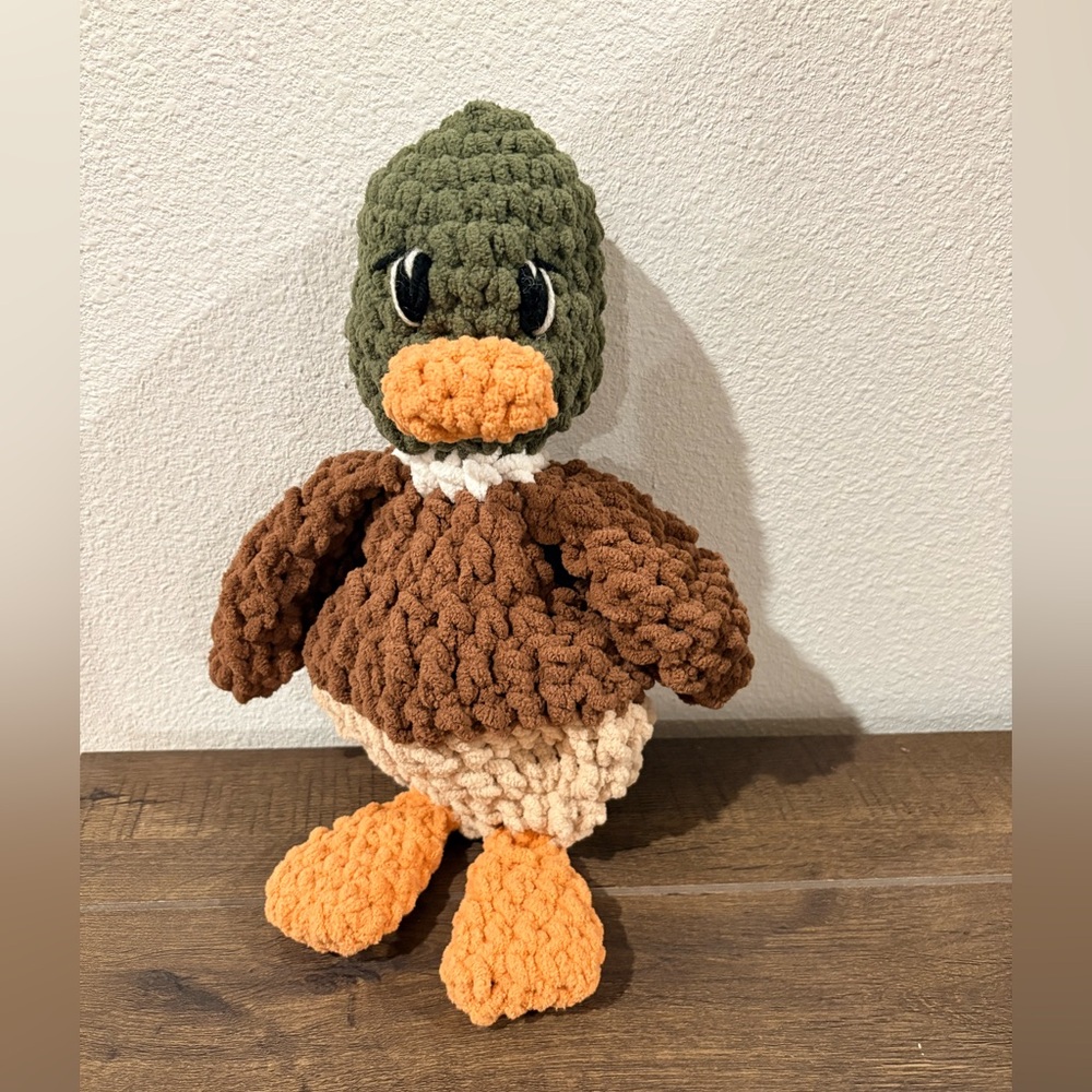 Handmade Plush Duck Toy in Green, Brown, Cream & Orange